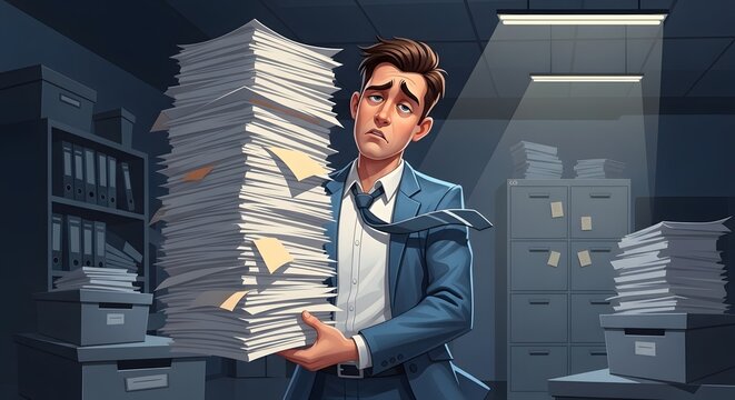Overwhelmed employee buried under a colossal stack of documents, battling a looming deadline and the crushing weight of administrative tasks, depicting severe workplace stress and burnout