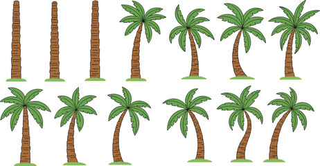 Illustration of Various Palm Trees in Different Shapes and Sizes on a Solid White Background for Tropical and Nature Designs © Najir