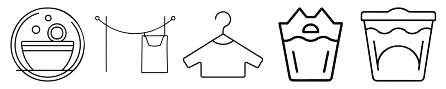 Collection of laundry and cleaning icons depicting wash basin detergent clothesline laundry basket and washing machine.