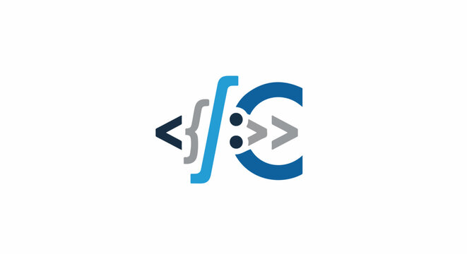 Abstract blue and grey graphic symbol with coding elements