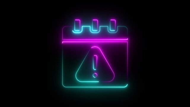 date alert video concept on black background, Neon calendar icon with warning sign, glowing digital date alert symbol on black background