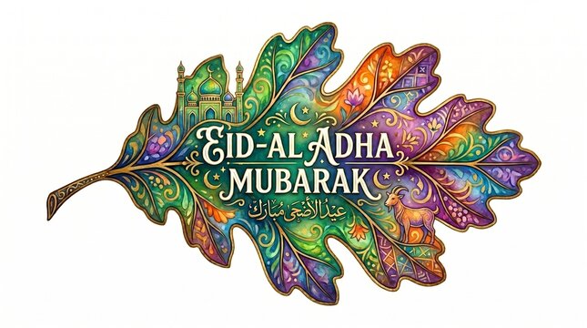 A colorful oak leaf inside it. The title "EID-AL ADHA MUBARAK" is written inside a leaf isolated on a white background.

