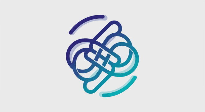 Abstract circular shape with interwoven lines and a central 'H' symbol