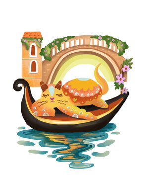 Cute Cat on Gondola in Venice &ndash; Summer Travel Illustration with Romantic Vibes