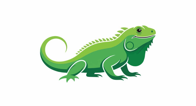 A vibrant green iguana illustration with a curved tail and spiky crest