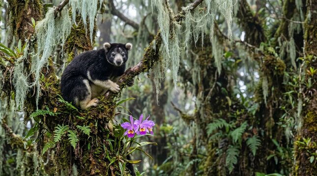 Binturong Perched on Mossy Branch