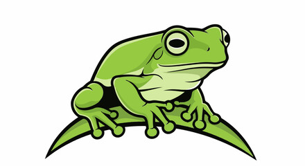 Fototapeta premium A stylized green frog sits on a curved green leaf