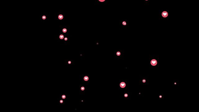 Red heart icon explosions in circular bubbles animation isolated on black background