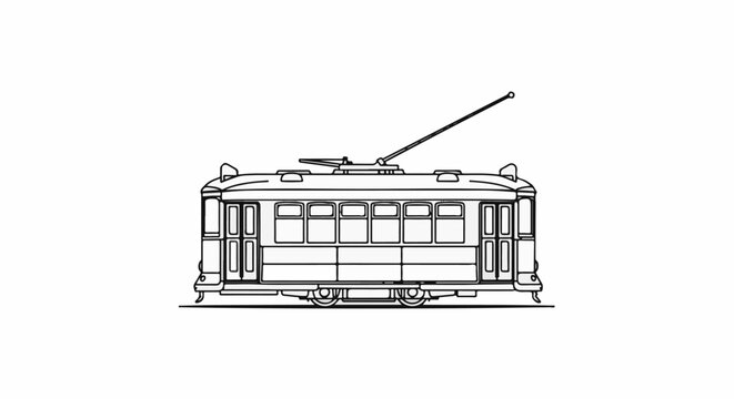 A vintage electric tram, depicted as a line art drawing on a white background