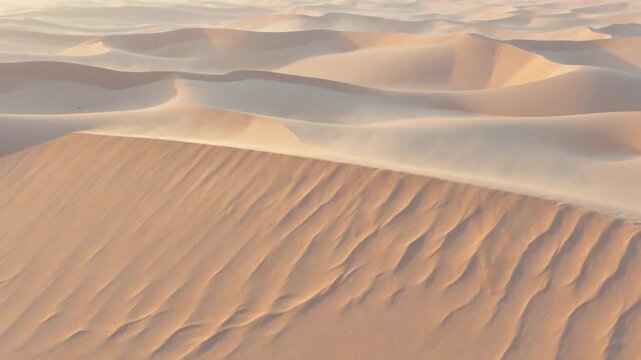 A vast Sahara desert landscape features rolling yellow sand dunes under a hot summer sky, capturing the arid wilderness of a sunset in Morocco or Dubai