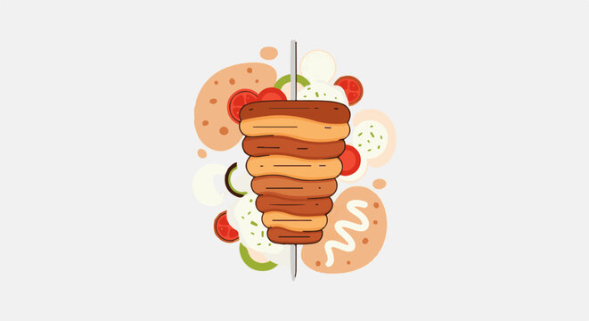 A stylized illustration of a gyro meat stack with vegetables and sauce