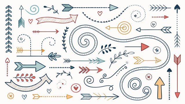 Playful doodle arrow mega set with colorful hand drawn elements including swirls hearts and decorative flourishes