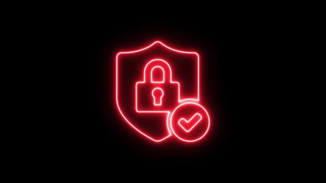 security concept video  animation on black background, Neon red shield icon with a padlock and checkmark symbol representing security and protection