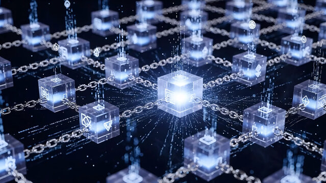 Futuristic blockchain network with glowing blue cubes in dark background with neon lighting for technology and finance