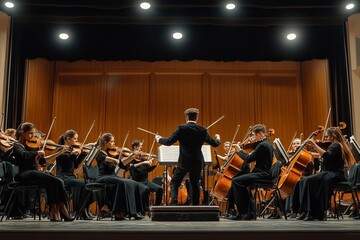 Fototapeta premium Elegant Symphony Orchestra Performing in a Grand Concert Hall with Conductor and Musicians on Stage