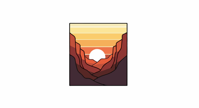 A stylized minimalist illustration of a sun setting between canyon walls