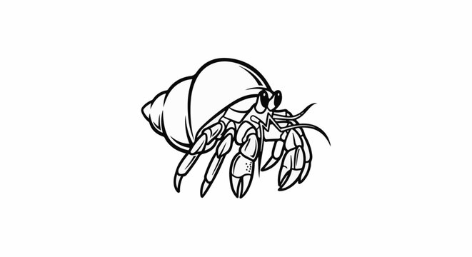 A stylized black and white illustration of a hermit crab emerging from its shell