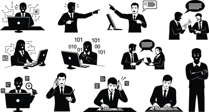 Business professionals working with computers and communication icons isolated on white background, Vector