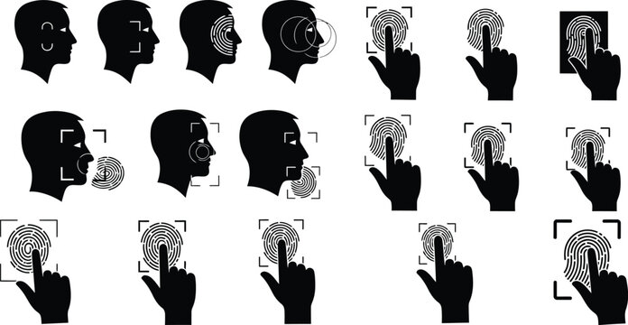 Biometric security fingerprint and face scan illustration isolated on white background, Vector
