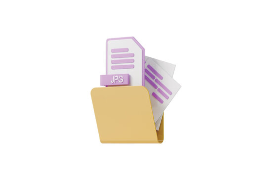 3d JPG file folder icon. image file management concept. minimal cartoon folder papers label for design assets and cloud storage. isolated on white transparent background. 3d render.