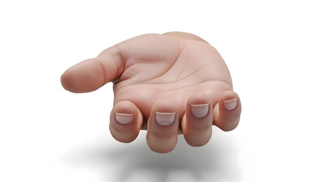 Close-up view of an empty human hand with an open palm gesture, isolated on a clean white background, conveying concepts of offering, receiving, or holding