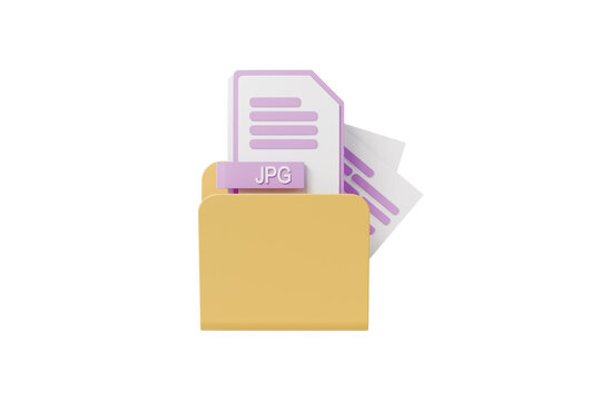 3d JPG file folder icon. image file management concept. minimal cartoon folder papers label for design assets and cloud storage. isolated on white transparent background. 3d render.