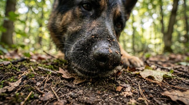 German shepherd exploratively sniffs forest floor nature close-up photography lush environment ground perspective