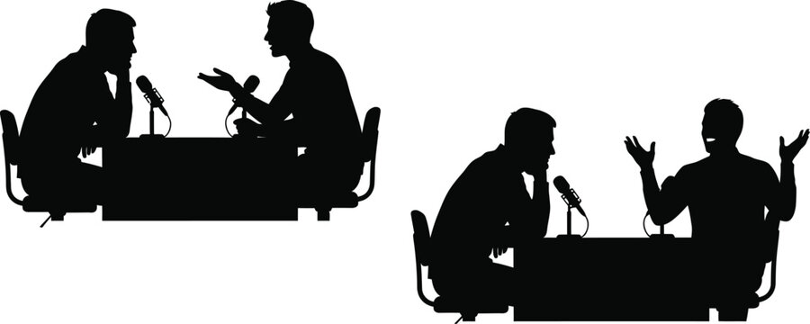 Silhouette interview with two people at table isolated on white background, Vector