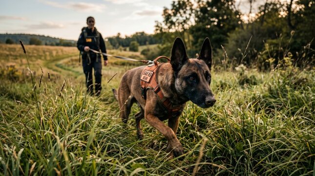 Dynamic ground-level shot of a dog and handler in nature outdoor setting action scene engaging perspective