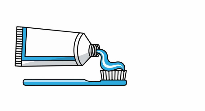 A tube of toothpaste dispenses blue and white paste onto a toothbrush