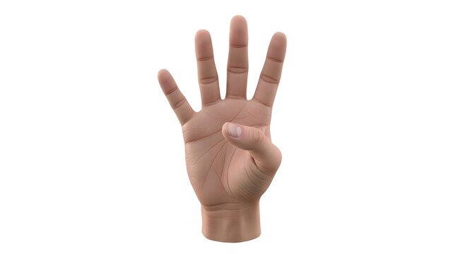 Close-up view of a realistic 3D human hand displaying the number four with all fingers extended against a pristine white background, representing quantity or a countdown stage