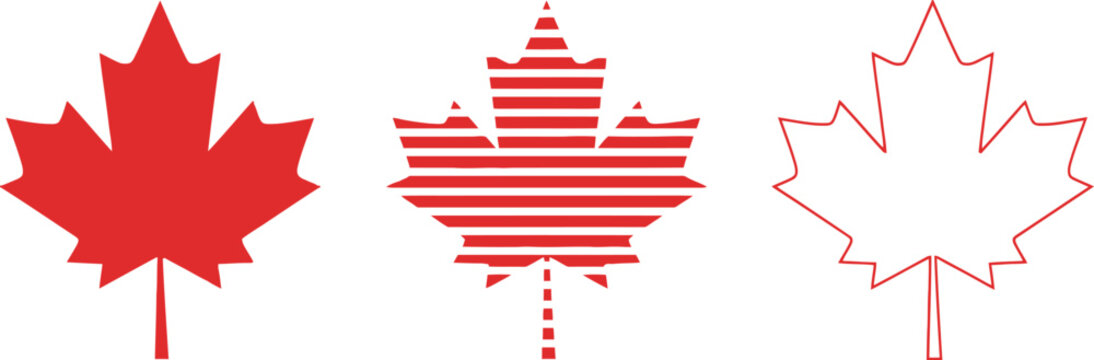 Three canadian maple leaves red flag and outline versions