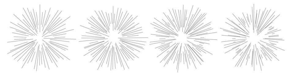 Obraz premium Sun icons with radial rays. Set of sunburst and starburst elements with varying line thickness and density. Retro comic or vintage engraving style rays. Abstract vector illustration.