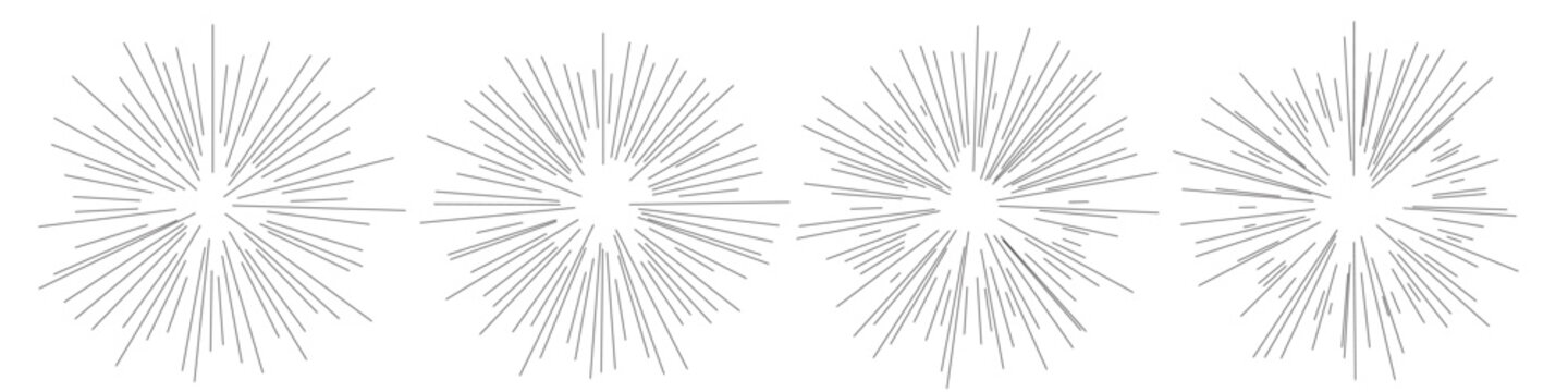Sun icons with radial rays. Set of sunburst and starburst elements with varying line thickness and density. Retro comic or vintage engraving style rays. Abstract vector illustration.