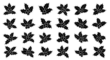 Collection of black silhouette holly leaf and berry icons perfect for festive winter holiday designs christmas decorations greeting cards and seasonal celebrations isolated © Kamola