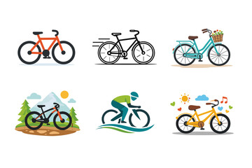 Fototapeta premium Versatile Cycling Illustration Bundle Presenting Diverse Riding Experiences From Rustic Mountain Trails to Classic Commuting Styles. Clean Aesthetic Flat Design for Active Lifestyle Themes.