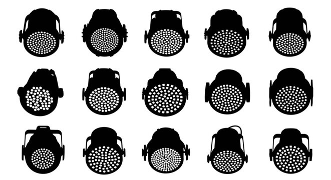 Collection of black silhouette icons representing stage lighting equipment including spotlights and par cans arranged in a grid on a clean white background symbolizing event