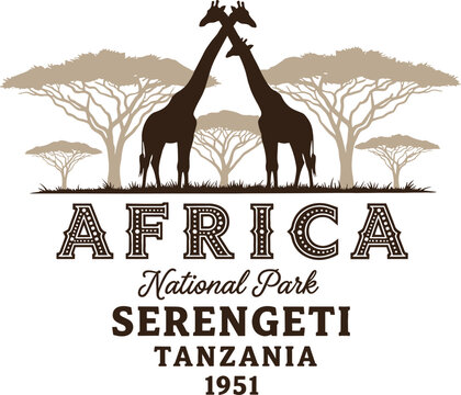 Vintage Africa Serengeti National Park Tanzania 1951 travel emblem featuring two giraffes and acacia trees silhouette vector illustration isolated on white background for safari adventure branding.