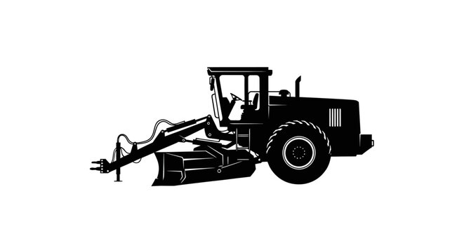 Heavy duty industrial grader machine with large blade for road construction and earthmoving depicted in a stark black silhouette against a clean white background symbolizing heavy