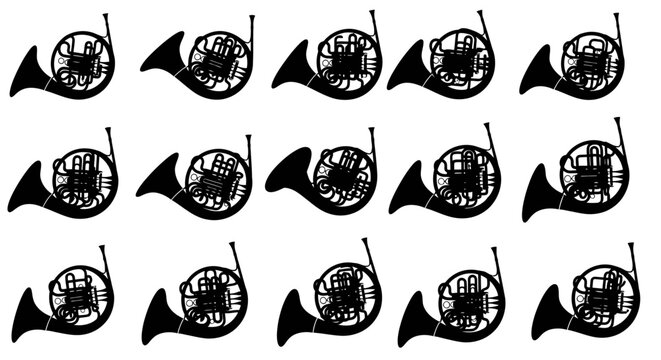 Seamless pattern of black silhouette french horns with intricate valve details against a clean white background ideal for music education and orchestral themes
