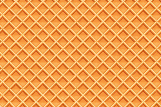 Seamless waffle cone texture background with diagonal lattice grid. Warm golden biscuit pattern for ice cream cone, wafer, or dessert packaging design. Sweet food texture vector illustration.