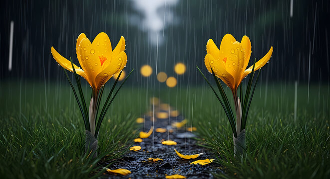 Two vibrant yellow crocuses bloom in the rain along a path with fallen petals.
