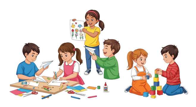 Children engaged in creative arts and crafts activities, learning and playing together.