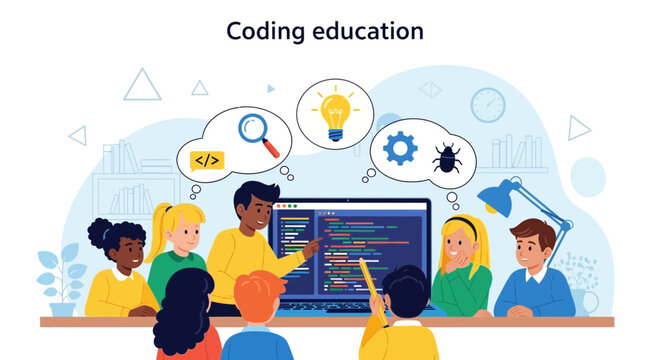 Diverse children learning coding education with teacher at computer, bright ideas