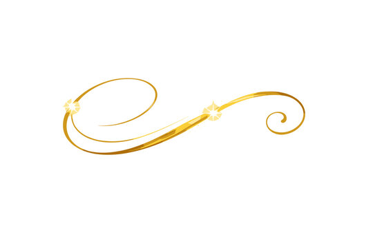 Elegant Golden Light Script Flourish with Sparkles on White Background. Luxury Decorative Swirl Ornament for Wedding Invitations, Logos, and Branding. Shiny Gold Vector Illustration Element.
