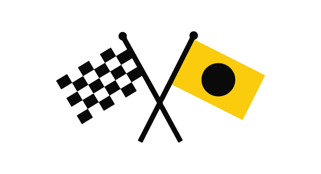 Two crossed flags, a checkered flag and a yellow flag with a black circle, symbolizing start, finish, and racing.
