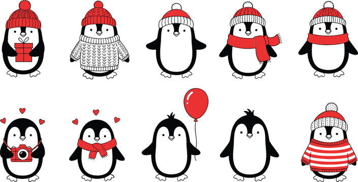 Cute Cartoon Penguin Character Vector Set with Winter Hats, Scarves, Balloons, Cameras, and Holiday-Themed Accessories for Kids, Greeting Cards, and Illustrations