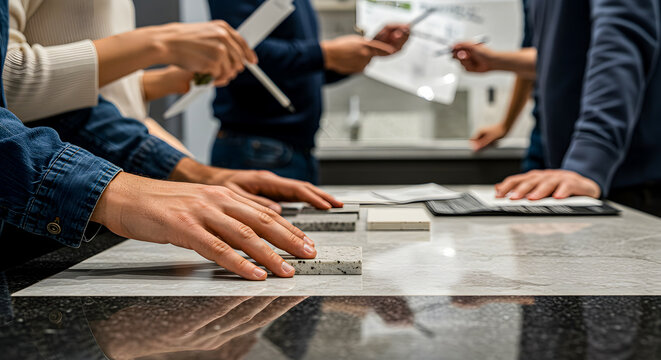 Professional team collaborating on interior design project, meticulously reviewing material samples and architectural blueprints for a new construction or renovation