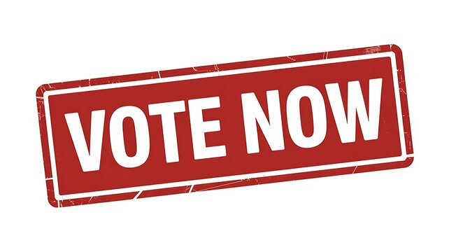 Red vote now stamp, election button, voting badge, campaign label