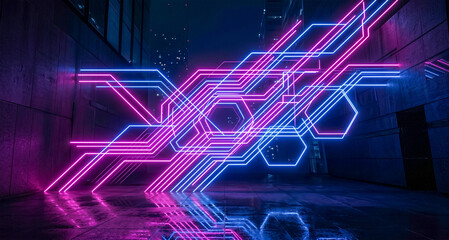 Obraz premium A abstract technology background by intersecting neon lines in pink and blue illuminates a dark, futuristic alleyway, casting vibrant reflections 